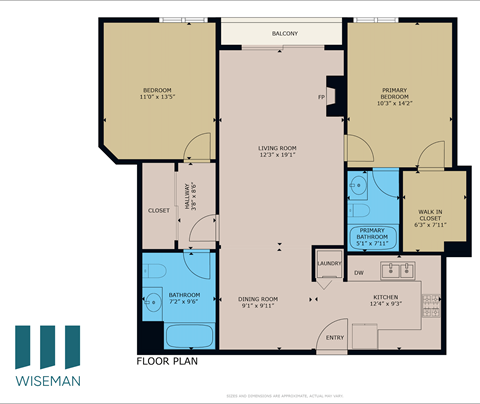 A floor plan of a home with a living room, dining room, kitchen, and two bedrooms.